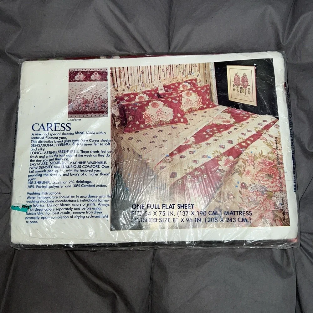Burlington Caress Bordeaux Roses Floral Vintage Full‎ Flat Sheet Shabby Chic New